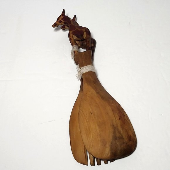VTG Wooden Giraffe Wooden Salad Serving Set Fork and Spoon Hand Carved - Picture 1 of 12